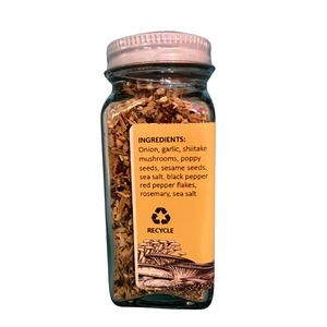 Ingredients listed on the side of the Mushroom Everything Bagel seasoning. Great for immune system support and packed with flavor.