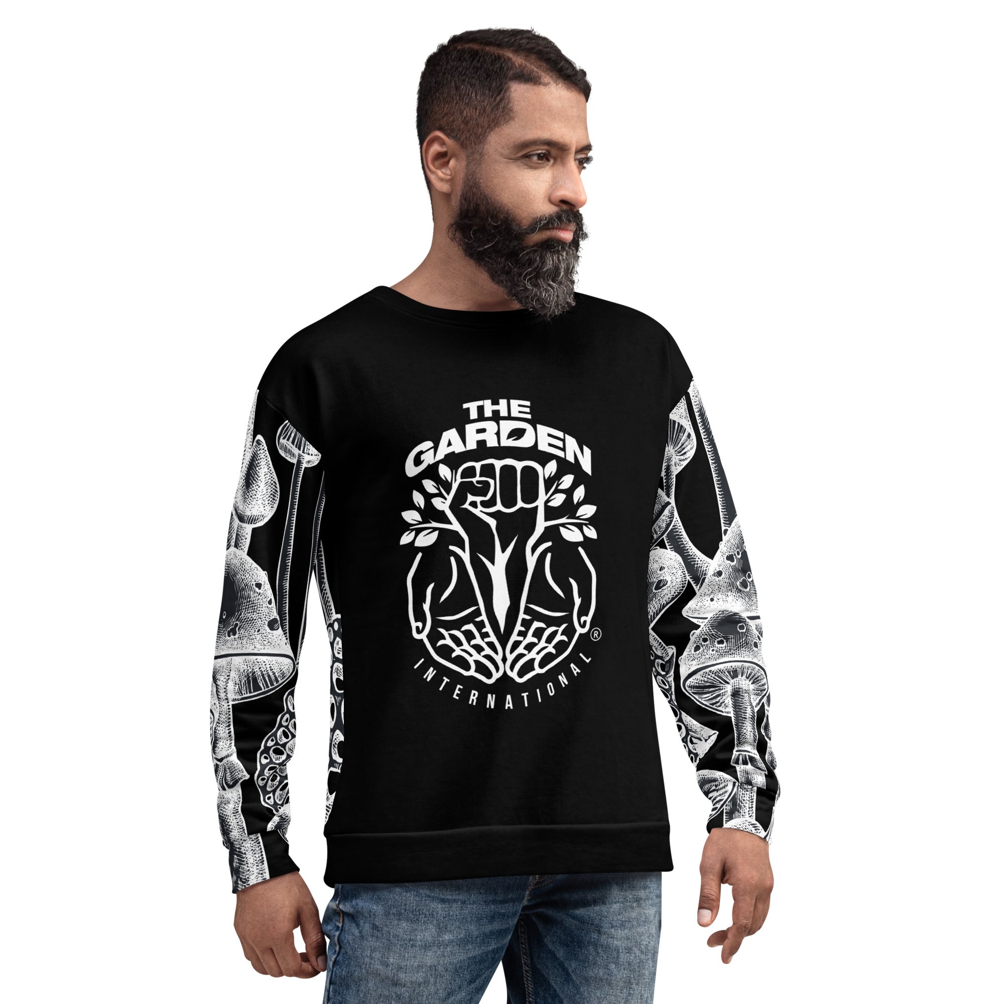 Black and white sweatshirt with mushroom-patterned sleeves, perfect for mycology enthusiasts, sustainable fashion fans, and eco-conscious shoppers.