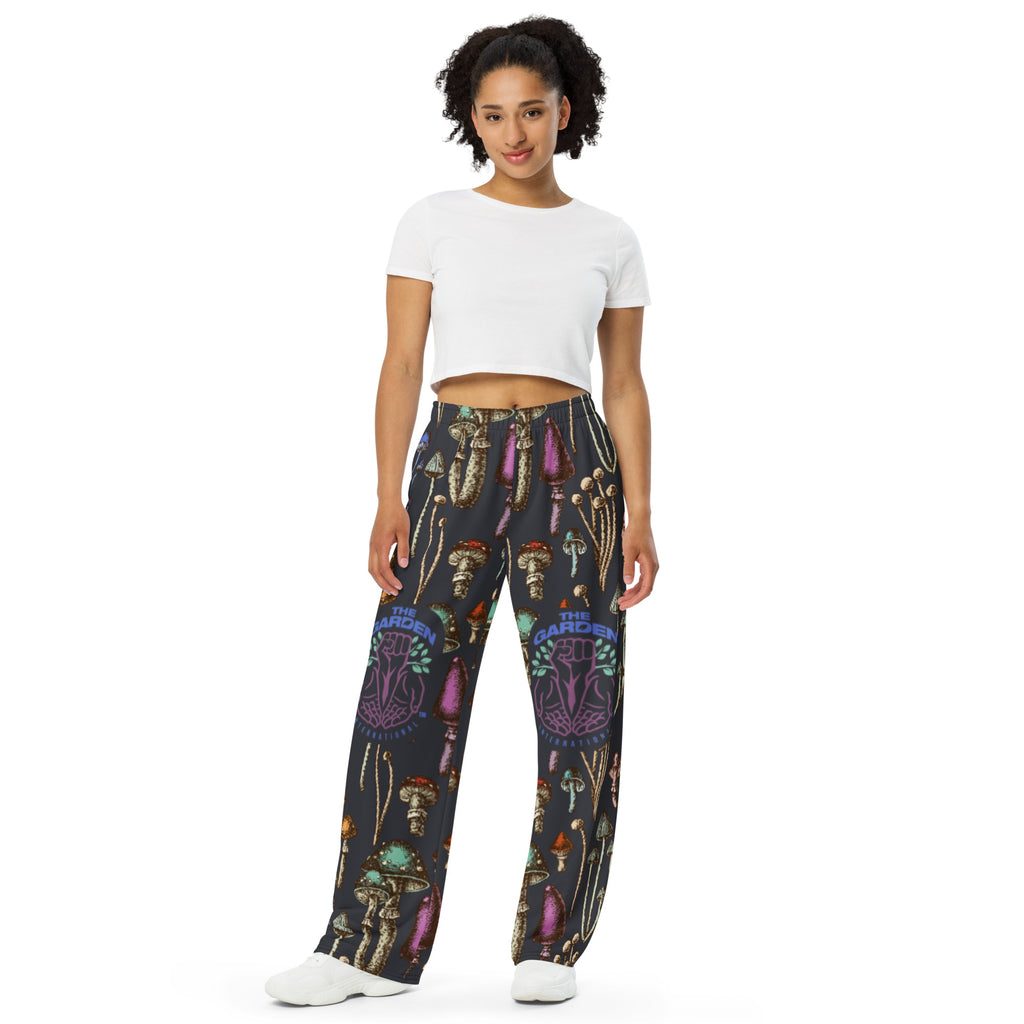 Black and Purple Mushroom Print Unisex Pants – Sustainable Mycology-Inspired Streetwear.