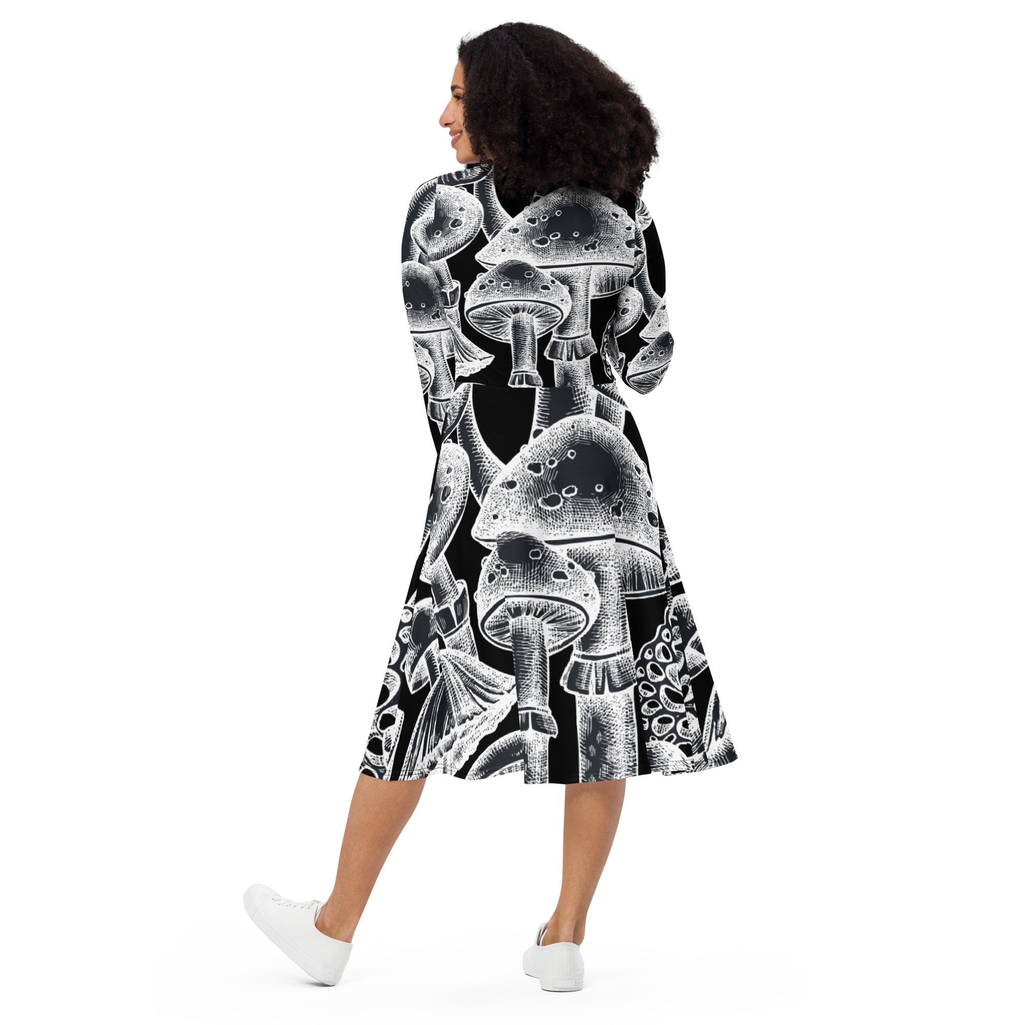 Black and White Mushroom Print Dress – Sustainable, Nature-Inspired Fashion for Mycology Enthusiasts and Eco-Friendly Apparel Lovers.