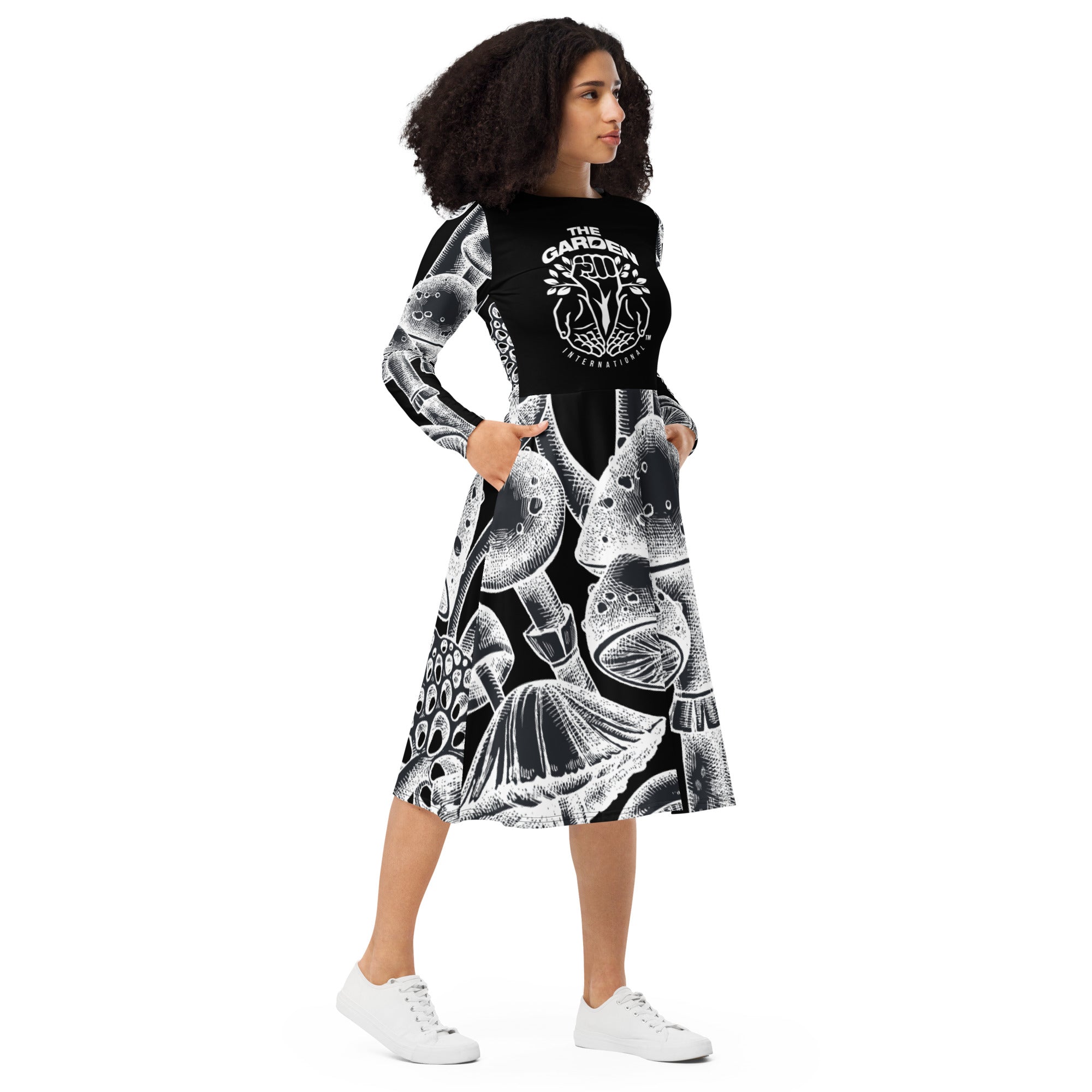 Black and White Mushroom Print Dress – Sustainable, Nature-Inspired Fashion for Mycology Enthusiasts and Eco-Friendly Apparel Lovers.