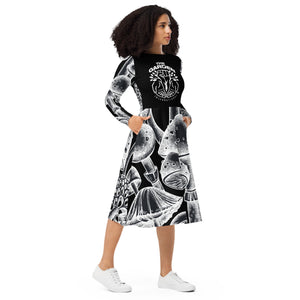 Black and White Mushroom Print Dress – Sustainable, Nature-Inspired Fashion for Mycology Enthusiasts and Eco-Friendly Apparel Lovers.