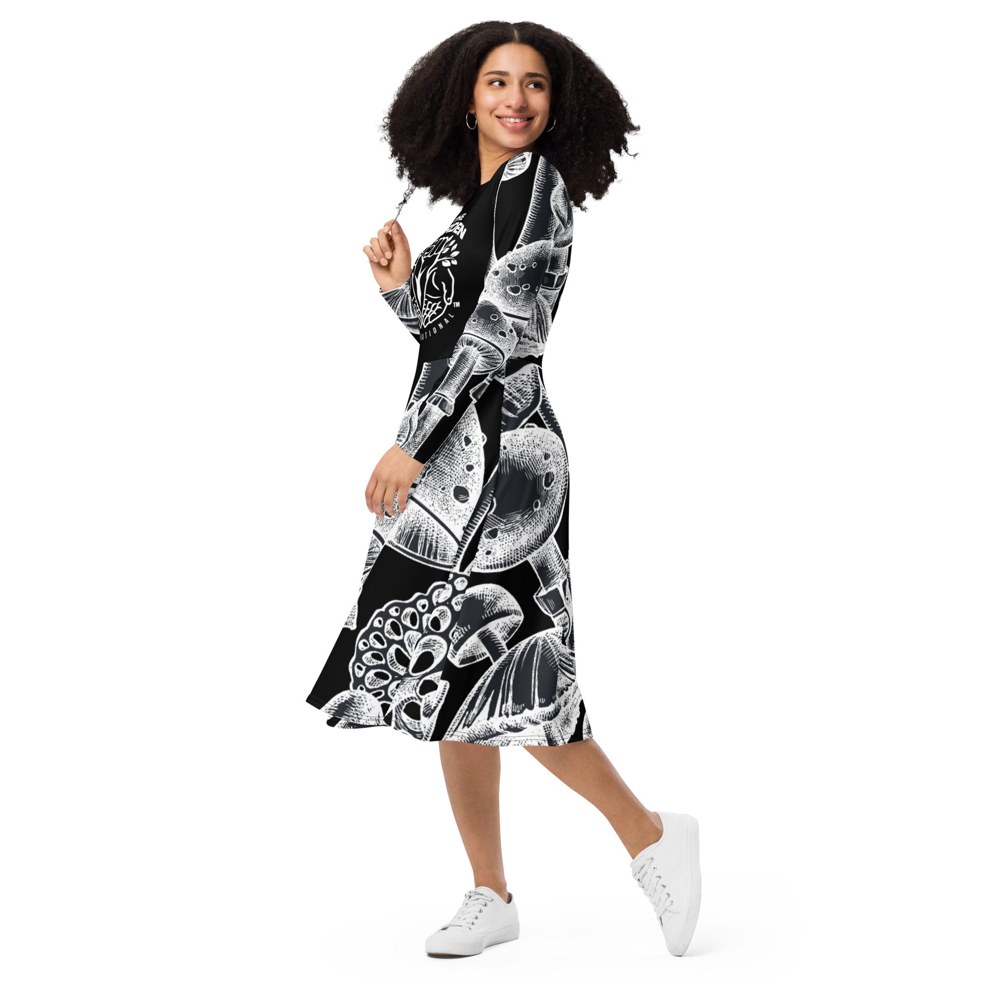 Black and White Mushroom Print Dress – Sustainable, Nature-Inspired Fashion for Mycology Enthusiasts and Eco-Friendly Apparel Lovers.